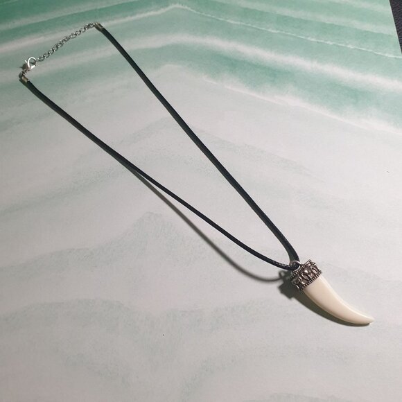 Faux Elephant Tooth Pendant Necklace Black Cord Silver Tone Tribal Accents - Picture 3 of 4